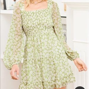 Lulus Fresh Season Green Floral Print Tiered Long Sleeve Mini Dress